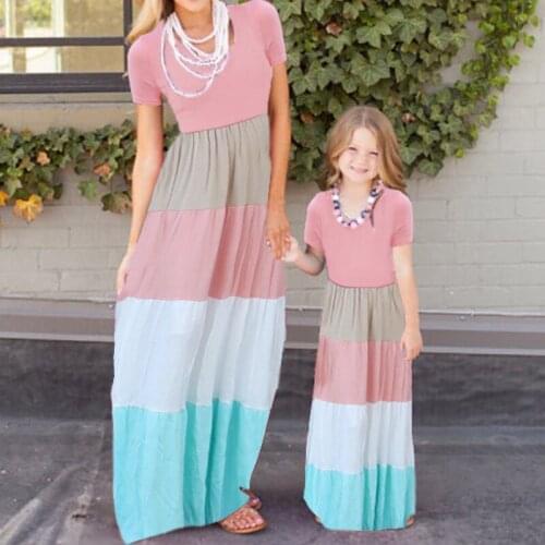 Short Sleeve Mother Daughter Dresses Summer Patchwork Striped Elastic Waist Long Dress Mommy And Me Family Matching Clothes