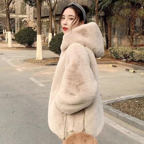 Winter Fluffy Thick Warm Faux Rabbit Fur Coat New Women Long Sleeve Hooded Fur Jacket Coats Black Fashion Outwear High Quality