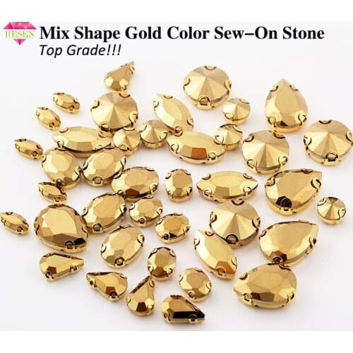 RESEN Top Grade! 50PCS Gold Rhinestone Mix Shape Rhinestone Glass Sew on Rhinestones With Gold Claw For Sewing Diy Garments