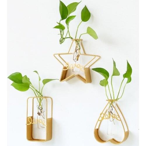 Glass Flower Vase with Geometric Golden Metal Rack Stand Wall Mounted Crystal Planter Holder Plant Hanger for Plant Centerpiece