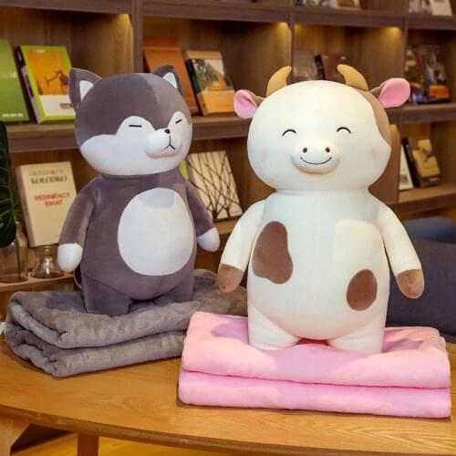 High Quality Milk Cow Husky Cat Plush Pillow With Blanket Soft Stuffed Cartoon Animals Long Pillow Doll Girlfriends Baby Gifts
