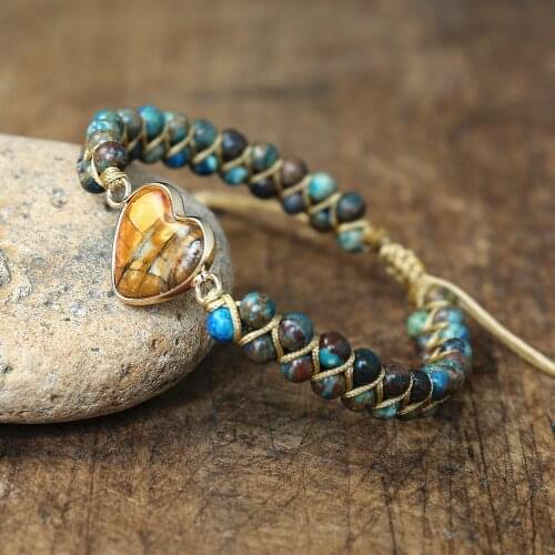 Handmade Jewelry Blue Crazy Lace Agates Heart Shape Charm Bracelets Women Men Bohemia Yoga Braided Wrap Bracelet