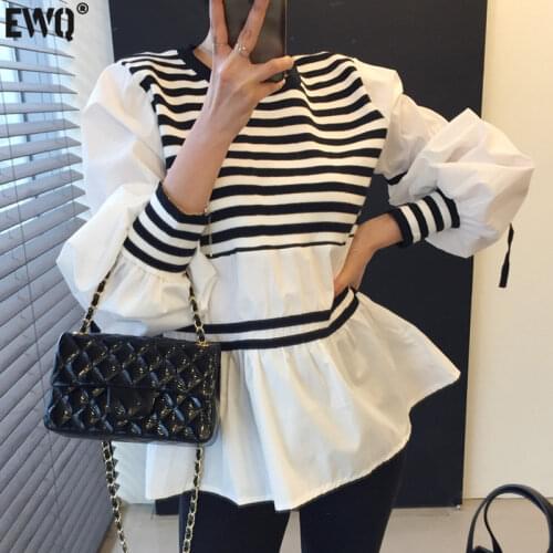[EWQ] O Neck Striped Color Loose Puff Sleeve Shirt Korean Knitting stitching Ladies Top Patchwork Blouse Blusas Summer 2021 W535