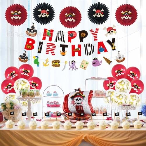 39pcs Black Red Pirate Theme Birthday Party Decoration Set Happy Birthday Banner Paper Fans Latax Balloons Garland