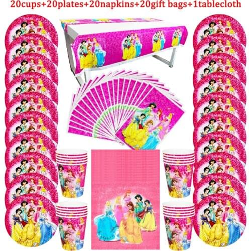 81Pcs Disney Six Princess Theme Disposable Tableware Design Kids Birthday Party Paper Plate+Cup+Napkin+Candy Gift Bags Supplies