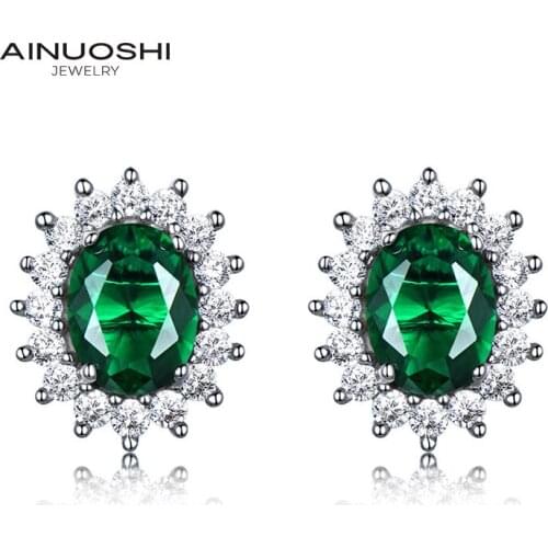 AINUOSHI Oval Cut 6x8mm Lab Created Emerald/Sapphire /Ruby Stud Earrings For Women 100% Real 925 Silver Jewelry Gifts