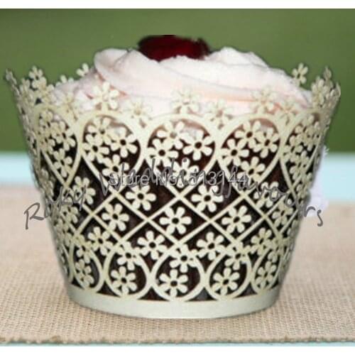 Free Shipping 100PCS Floral Theme Flower Cupcake Wrapper Laser Cut Wedding Shower Cupcake Wrapper Favors Quality Pearl paper