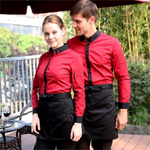 Free Shipping Classical Black Hotel Waiter Overalls Restaurant Uniforms Long Sleeve Work Clothes With Shirt Collar Design