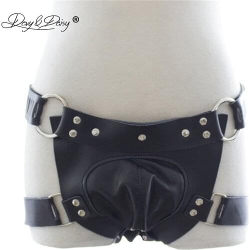 DAVYDAISY Men Chastity Belt Cock Shorts Panties PU Leather Gay Fetish Thongs Sexy Lingerie Exotic Briefs Male Underwear UN534
