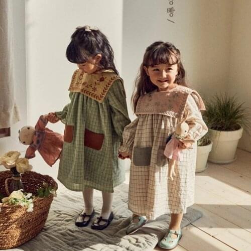Childrens Dress 2021 Autumn New Girls' Cute Turn-down Collar Embroidered Flower Plaid Long Sleeve Dress Loose Casual Dress