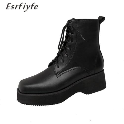 ESRFIYFE 2020 New Antumn Winter Women Ankle Boots Thick Heels Platform Shoes Woman Lace Up Light Martin Boots Large Size 34-47