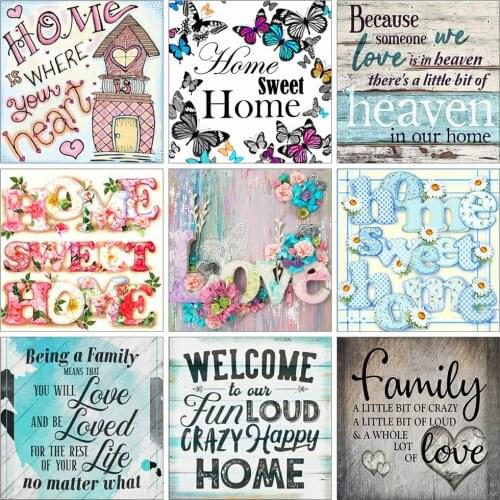 Huacan Full Square/Round Diamond Painting Home Sweet Home 5D DIY Diamond Embroidery Cartoon Text Art Farmhouse Decor