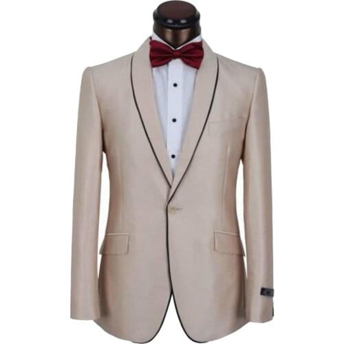 Custom MADE TO MEASURE men suit,BESPOKE Champagne suits one button shawl lapel with black edge(jacket+pants+tie+pocket squaure)