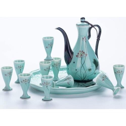 Ceramic Liquor Glass Set Household Jingdezhen Chinese Style Wine Pot Antique Hand-Painted Wine Set Goblet Wine Cup Liquor Flagon