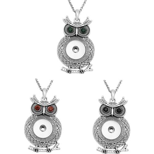 Fashion elegant Lucky Owl Rhinestone pendant snap necklace 60cm chain fit 18mm snap buttons snap jewelry wholesale XL0182