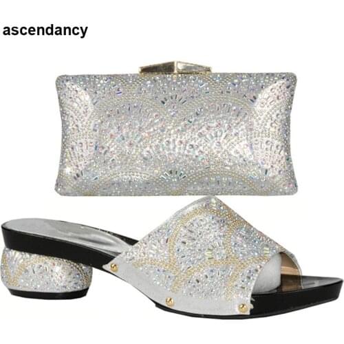 Latest Sliver Color African Shoes and Matching Bags Italian Ladies Partyshoes with Matching Bags Set Decorated with Rhinestone