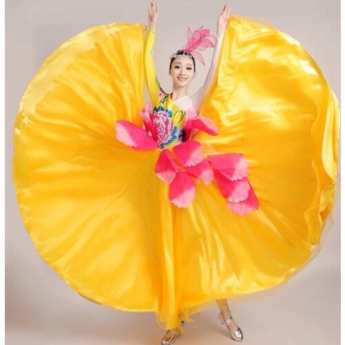 New Modern Ballroom Dance Performance Stage Dress Flamenco Dance Big Swing Long Sleeve Costumes Women Yellow Dancewear VO1058