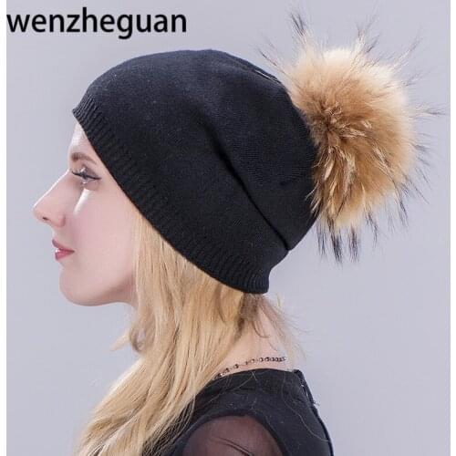 New Arrive Woman Winter Hat Raccoon Fur Ball Cap Female Knitted Beanies PomPom Hat Double Warm For Man and Women Gorro Feminino