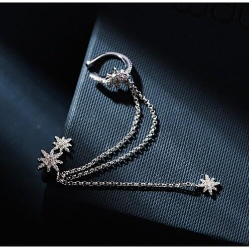 Single Sale Elegant Ear Cuff Earrings Cute Asymmetry CZ Stars Chain Tassel Silver Stud Earrings For Women
