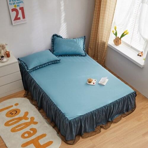 Cilected 3Pcs/Set INS Solid Color Black Lace Bed Skirt Pillowcase Princess Wind Non-Slip Mattress Protector Dormitory Bed Cover