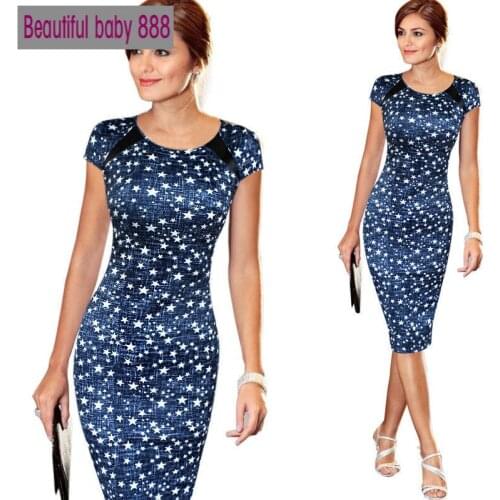 Formal Business Work Sheath Pencil Knee-length Dresses Evening Party vestidos Elegant Womens Short Sleeve Dot Star Print Dress