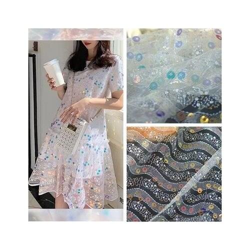 Net Yarn Wave Sequin Lace Fabric DIY Stage Costumes Fashion Dress Womens Embroidered Fabric
