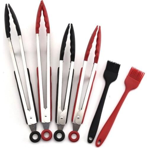 Silicone Stainless Steel Tongs Cake Cream Basting BBQ Butter Brush Kitchen Grill Food Meat Tongs Barbecue Tools Set