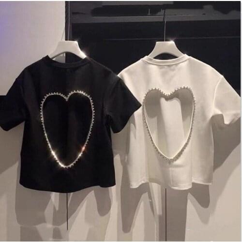 Heavy Diamond T-shirt Women Loose Short Sleeve Love Hollow Out Woman Tshirts 2021 Women Fashion Clothing