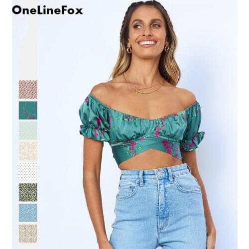 OneLineFox Womens Slash Neck Short Sleeve Floral Crop Tops T Shirt Backless Club Party Wrap Cropped Top Slim Streetwear