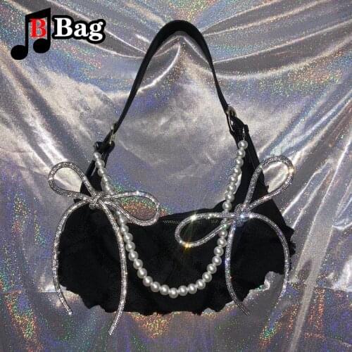 Harajuku Womens Girl Shoulder Bags Pleated bright diamond bowknot pearl chain underarm Bag Y2K female metal punk tote handbag