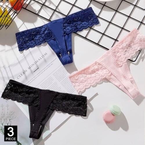Woman Sexy G-string Lace Panties Cotton T-back Girls New Soft Thong Seamless Transparent Panty Underwear 3 Pcs/set Dropshipping