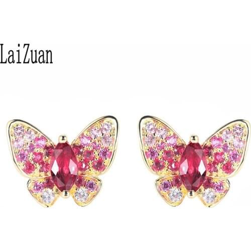 LaiZuan Real 18K Yellow Gold 0.72ct Genuine Natural Natural Ruby & Pink Sapphire Engagement Jewelry Elegant Unique Stud Earrings