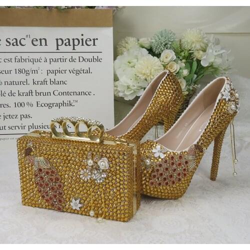 BaoYaFang Golden Crystal Shoe with matching bag Bridal Wedding shoes Woman High heel platform shoes High Pumps Round Toe