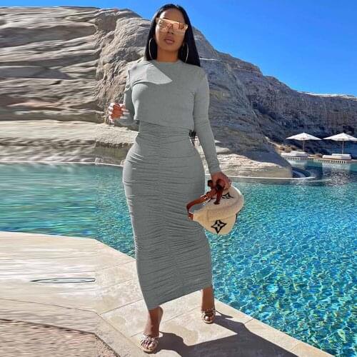 Womens 2 Two Piece Matching Set Autumn Fall Long Sleeve Crop Top and Draped Pleated Long Skirt Casual Solid Club Outfit 2021