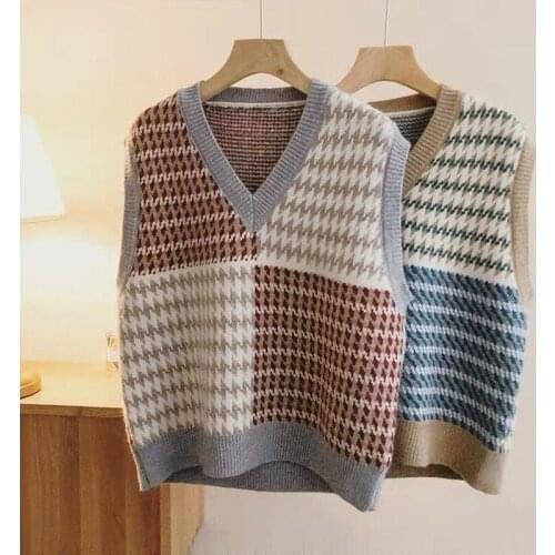 Knitted Vests for Women Autumn V-neck Plaid Sleeveless Sweater Knit Top Korean Style Casual Casual Oversize Sweater Vest Women