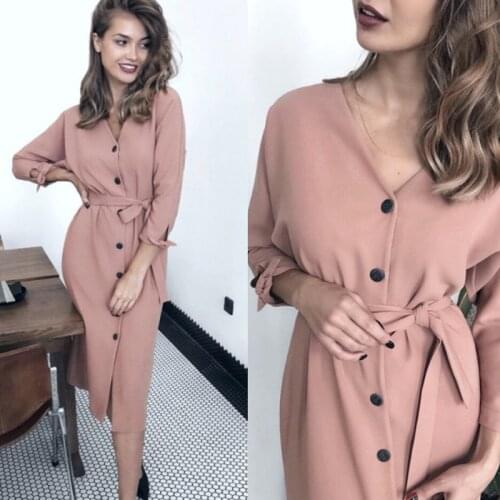 Women Vintage Front Button Sashes A-line Dress Long Sleeve Sexy V neck Solid Elegant Dress 2019 Autumn New Fashion Women Dress