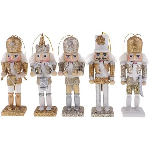 5pcs Glittering Wood Nutcracker OrnamentsNutcracker Figures Hanging Pendant for Christmas Holiday Wedding Decor