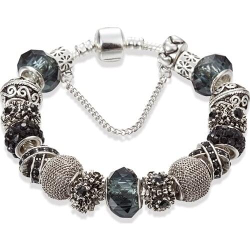 ANNAPAER New Silver Color Beads of Flower Charm Bracelet & Bangles with Black Glass Beads Bracelet for Women Jewelry Gift B17003