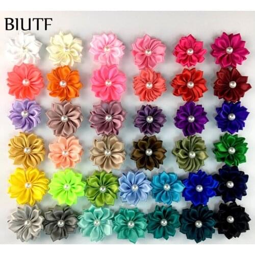100pcs/lot 1.6'' 16-Petal Mini Silk Satin Flower with Pearl Headwear Dress Wedding Decoration Accessories 38 Colors TH281