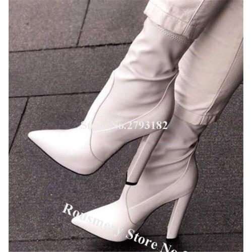 Newest Fashion Pointed Toe Chunky Heel Short Boots White Black Leather Slip-on Thick High Heel Ankle Booties Dress Shoes