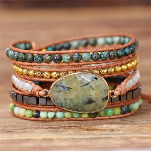 Exclusive Genuine Leather Wrap Bracelet Statement Prehnite Charm Bracelet Femme Boho Natural Stone 5 Wraps Bracelet Dropshipping