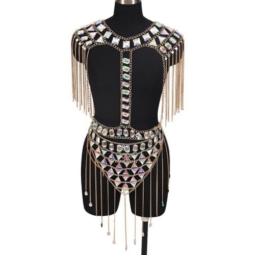 Boho Body Chain Crystal Pendant Jewelry Women Metal Dress Hollow Out Adjust Necklace Jewelry Bikini Beach Backless Harness Set
