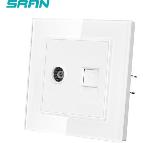 SRAN EU TV & Internet Socket CAT5 Type,white Crystal Tempered Glass Panel 82mm*82mm Household RJ45 Interface Socket F601-INT