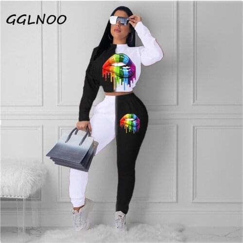 GGLNOO Women Tracksuits Turtleneck Mouth Print Long Sleeve Top Long Pants Two Piece Set Casual Sporty Outfits GG23175
