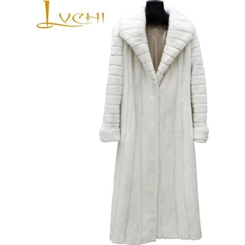 LVCHI Winter 2019 Import Real Mink Fur Coats Womens Long Sleeve Coat Full Pelt Turn-Down Collar Causal Slim X-Long Mink Coats