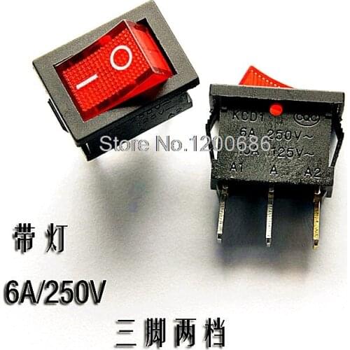 Rocker power switch KCD1-102 red 3 feet 2 files with light 6A / 250V