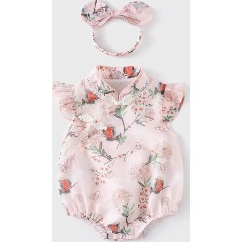Korean Style Newborn Baby Romper Set Short Sleeve Girls Clothes Summer Clothing Thin With Floral Print Chinese Frog 0-3 Years