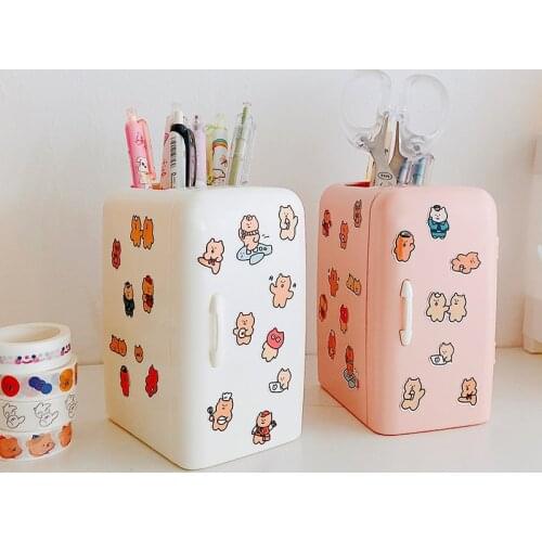 SKYSONIC Creative Refrigerator Shape Pen Holder Stationery Storage Box Drawer Organizer Holder School Supplies Free Sticker
