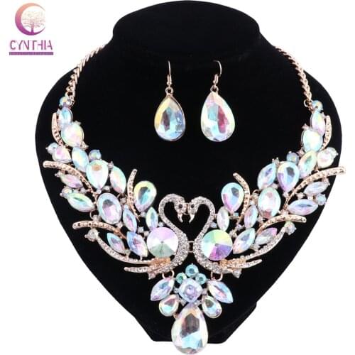 Swan AB Crystal Bridal Jewelry Set For Woman Gold Color Necklace Earrings Wedding Beads Fashion Jewelry Gift