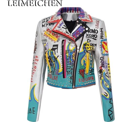LEIMEICHEN S—3XL PU Leather Jacket Women Eagle Print Graffiti Rivets Coats Punk Biker Motorcycle Silver Tops MT-28141